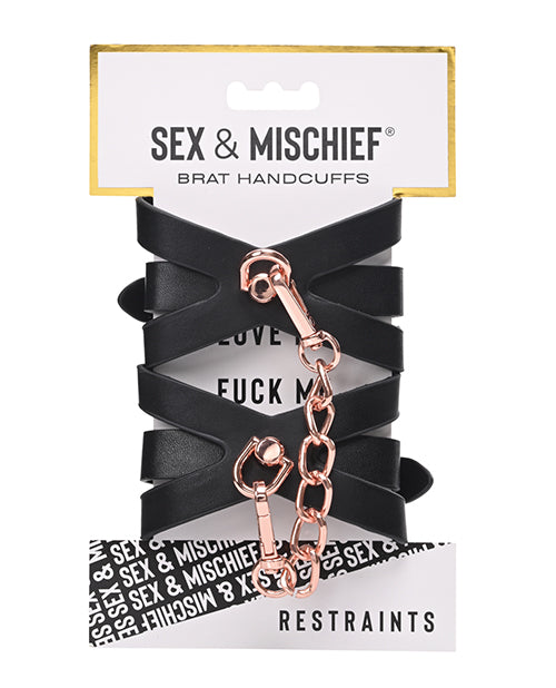 SS Sex & Mischief Brat Handcuffs - Black/Rose Gold