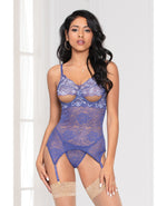 Cross Dye Lace Peek a Boo Chemise w/Attached Garters & G-String Iris - OS