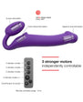 Diagram of Strap-On-Me Vibrating Bendable Strap-on showing 3 motor locations for G-spot, clitoral, and vaginal stimulation, with remote control button guide — Red Dot Design Award winner 2019
