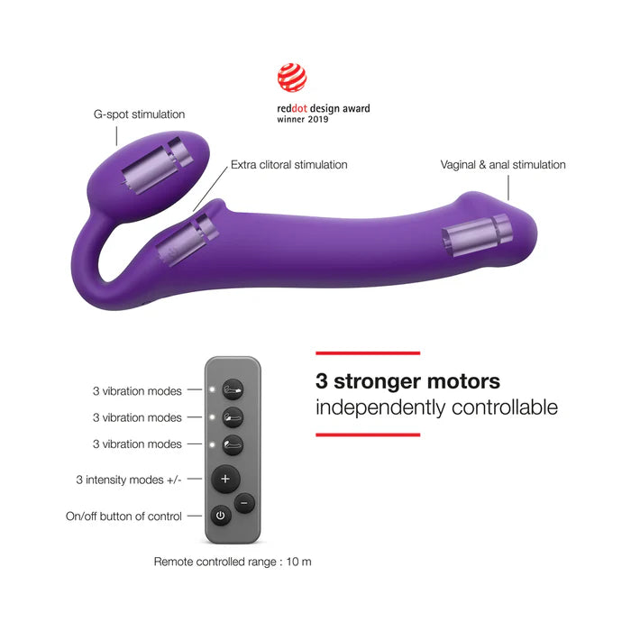 Diagram of Strap-On-Me Vibrating Bendable Strap-on showing 3 motor locations for G-spot, clitoral, and vaginal stimulation, with remote control button guide — Red Dot Design Award winner 2019