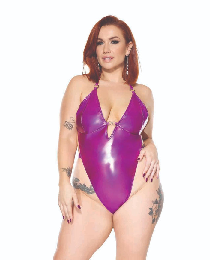 Darque PVC Halter Teddy w/Adjustable Straps - Purple - Queen