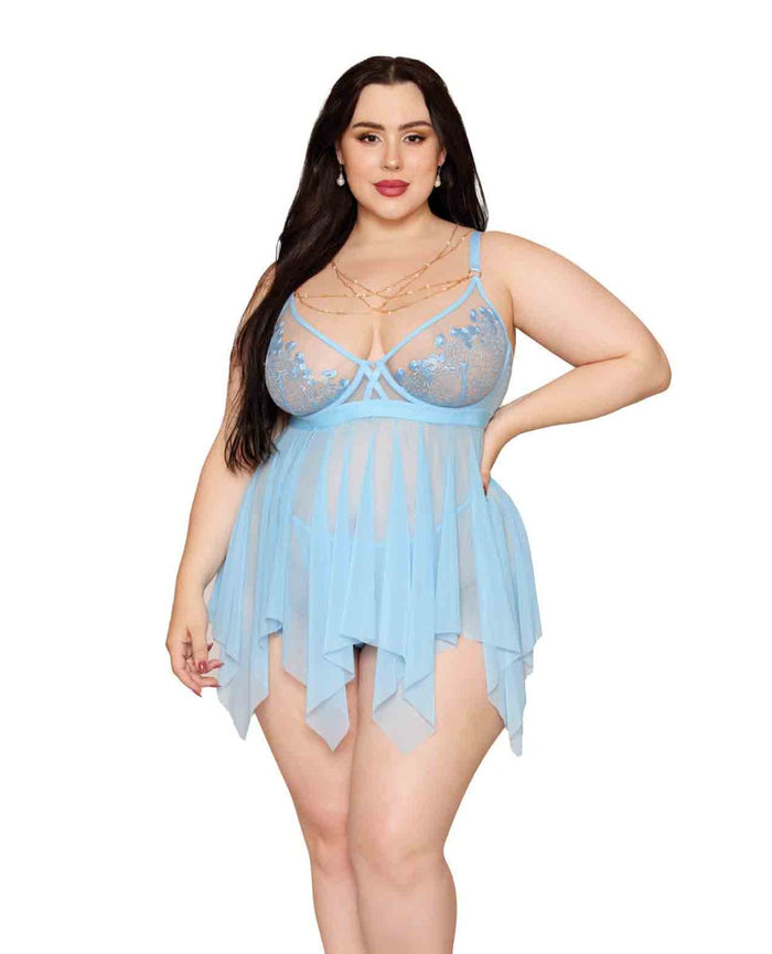 Floral Embroidered Lace and Stretch Mesh Babydoll w/G-String 2 pc Set - Arctic Blue - Queen