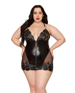 Embroidered Stretch Faux Leather and Mesh Chemise - Black - Queen