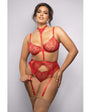 Queen Ruby Shimmer Lace and Mesh Bra, Garter Belt, & G-String 3 pc Set - Red