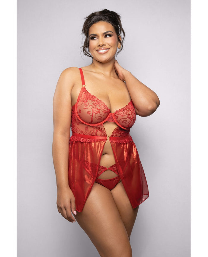 Queen Ruby Shimmer Lace & Mesh Babydoll w/Panty - Red