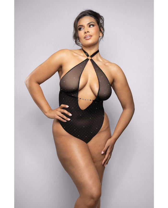 Queen Rhinestone Mesh Halter Teddy w/Jeweled Center Strap - Black