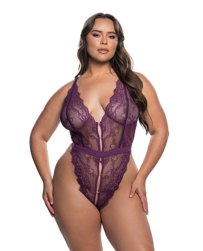 Queen Floral Lace Fetish Teddy - Purple