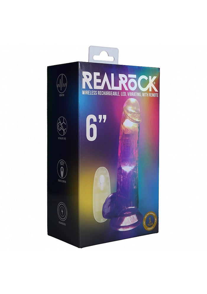 RealRock Wireless Rechargeable Remote Control LED Vibrating 6 in. Dildo with Balls Clear