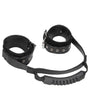 Ouch! Black & White Bonded Leather Hand Cuffs w/ Handle Blk