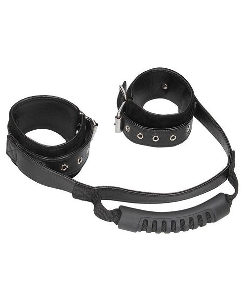 Ouch! Black & White Bonded Leather Hand Cuffs w/ Handle Blk