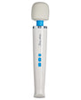 The image shows a white and blue Vibratex Magic Wand Plus. It has a smooth silicone head, a blue on-off button, and a removable cord.