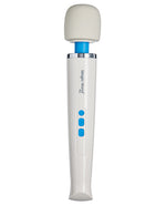 The image shows a white and blue Vibratex Magic Wand Plus. It has a smooth silicone head, a blue on-off button, and a removable cord.