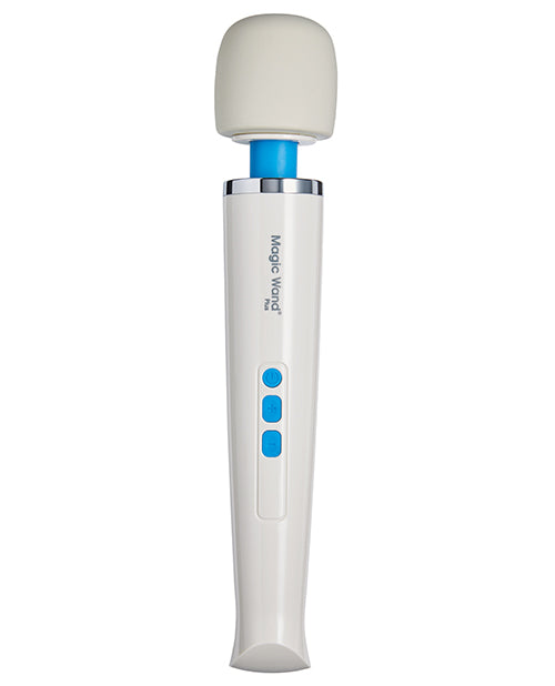 The image shows a white and blue Vibratex Magic Wand Plus. It has a smooth silicone head, a blue on-off button, and a removable cord.
