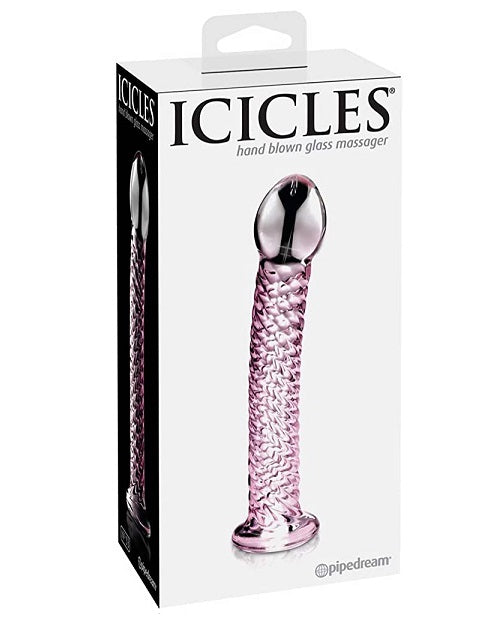 Icicles No 53 - Textured Glass Dildo 6.75in - Clear/Pink