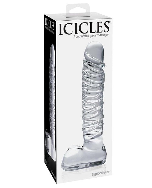 Icicles No. 63 - Textured Glass Dildo with Balls 8.5in - Clear