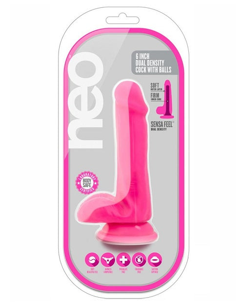 Neo - Dual Density Dildo with Balls - 6in Neon Pink