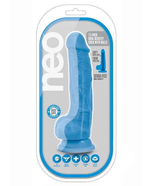 Neo Dual Density Dildo with Balls 7.5in - Neon Blue