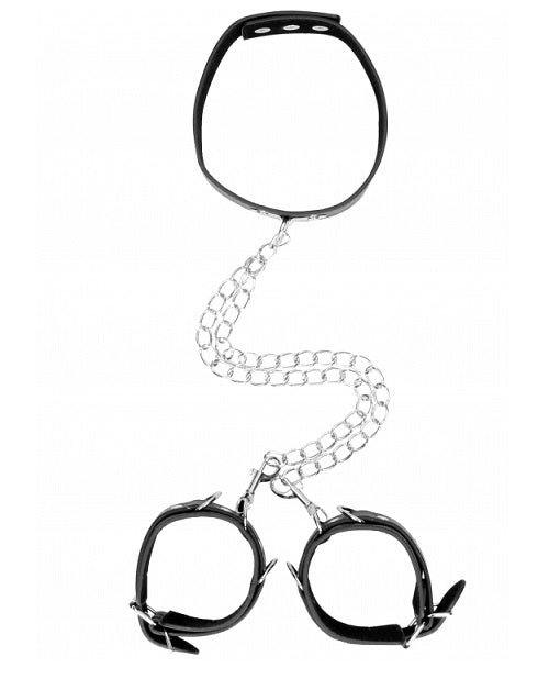 Bonded Leather Collar With Hand Cuffs - With Adjustable Straps and chain