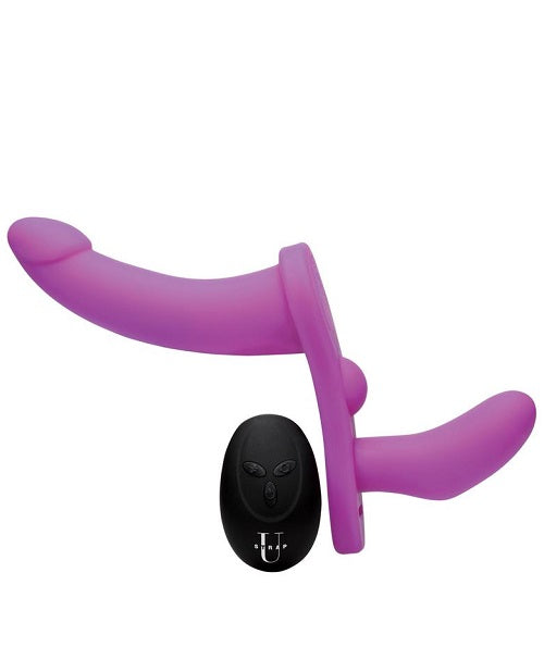 Strap U - Double Take Double Penetration Rechargeable Silicone Vibrating Strap-on Harness - Purple